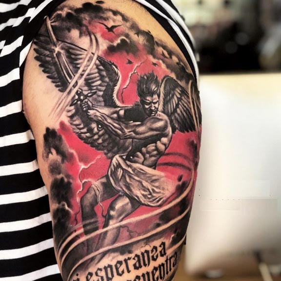 angel lucifer black and red tattoo design male shoulder bicep