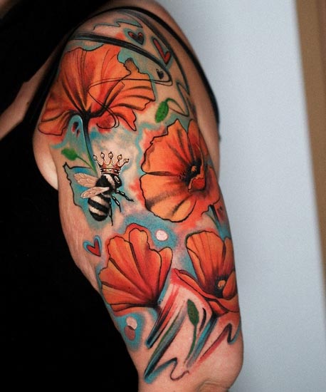 bee poppy flower color best tattoo design female shoulder arm