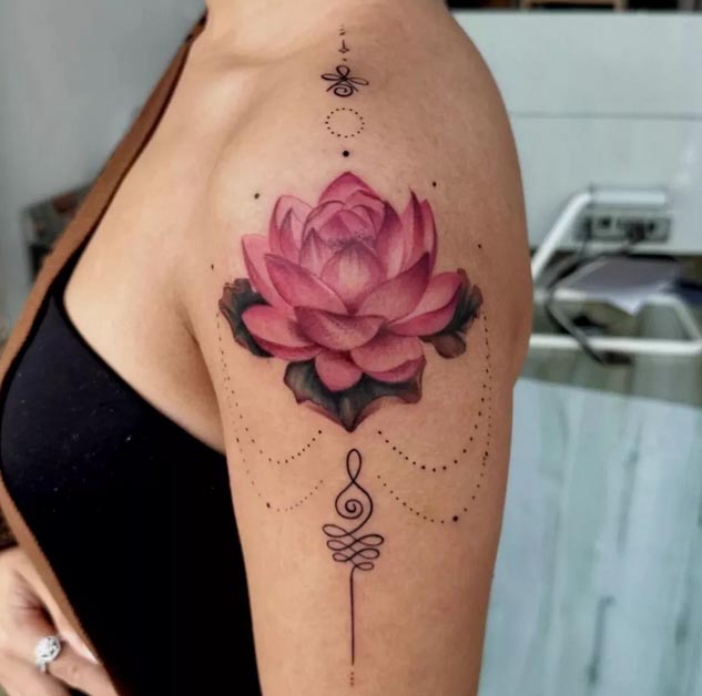 cute lotus unalome ornamental tattoo design female shoulder arm