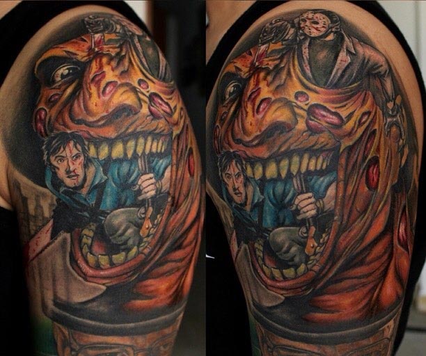 halloween mouth tattoo design man shoulder bicep