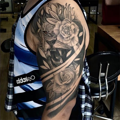 lion tattoo rose boy shoulder bicep