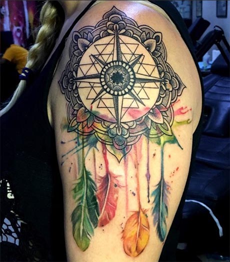 mandala dreamcatcher tattoo watercolor dotwork girl shoulder arm