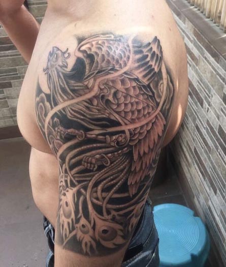 phoenix tattoo design black and grey man shoulder bicep