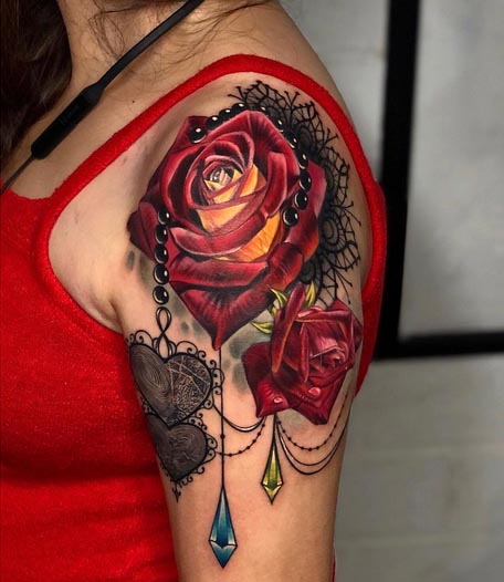 rose heart ornamental tattoo design woman shoulder arm