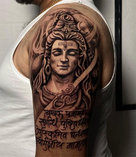 shiva with om maha mrityunjaya mantra tattoo design male shoulder bicep