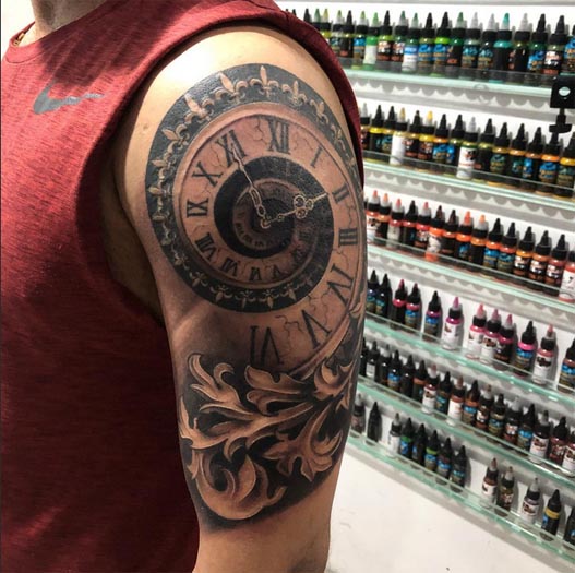 spiral clock tattoo design male shoulder bicep