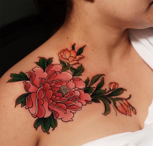 japanese peony tattoo design color woman shoulder collarbone