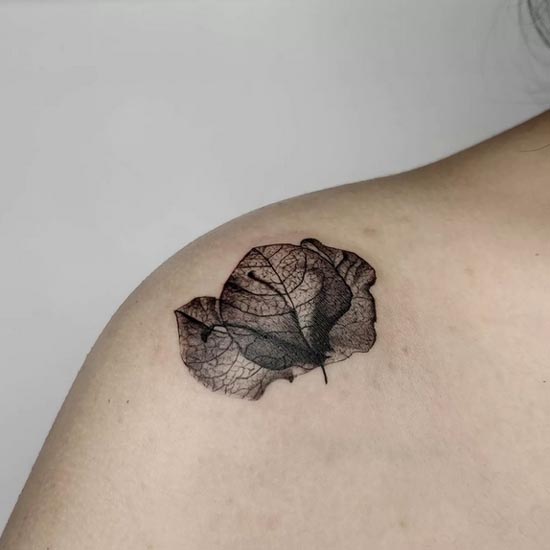 small bougainvillea flower leaves tattoo design female shoulder joint