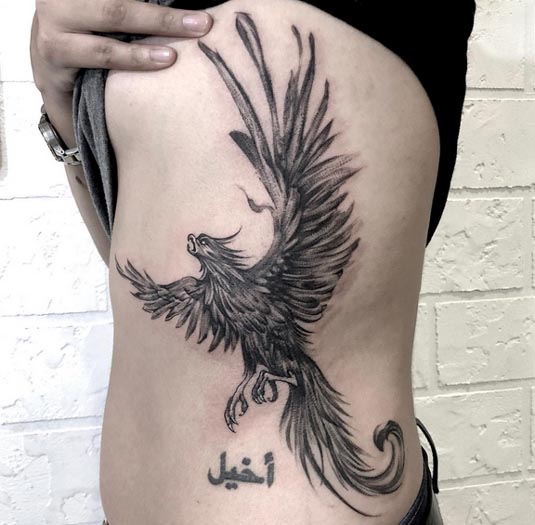 big phoenix tattoo girl full left side black and grey