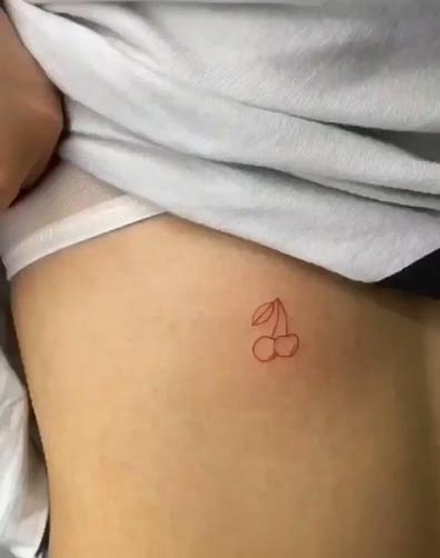 cute tiny 2 cherry tattoo outline fine line female side rib