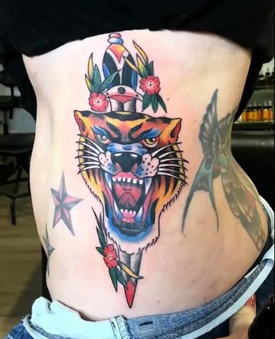 old school tiger big tattoo design color woman left side