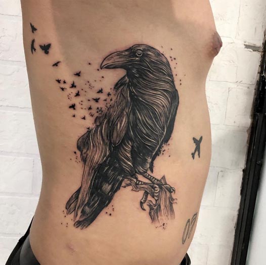 raven with small birds and a aeroplane tattoo designs guys right side black and grey