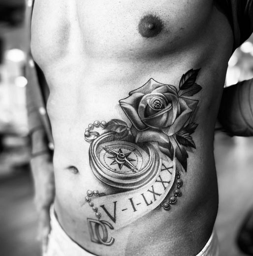 rose compass tattoo roman numbers birth date year design man side stomach