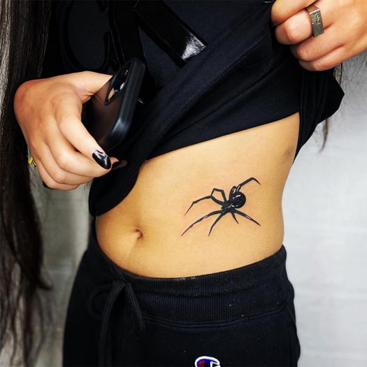 spider makadi gothic tattoo woman side stomach blackwork