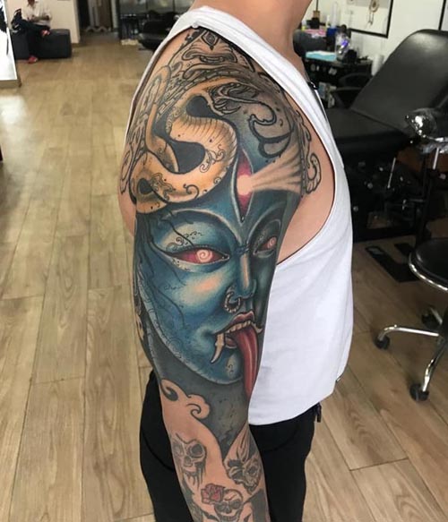 deity kali with third eye snake unique tattoo design man half sleeve