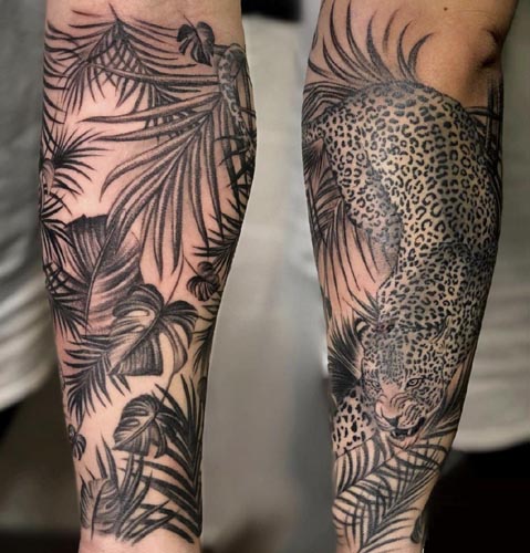 leopard in jungle tattoo male half sleeve