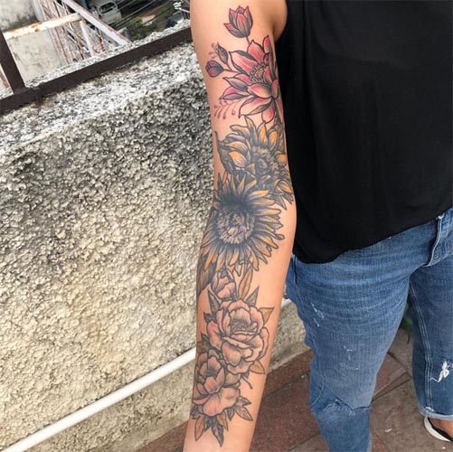 lotus sunflower peony tattoo idea girl full sleeve