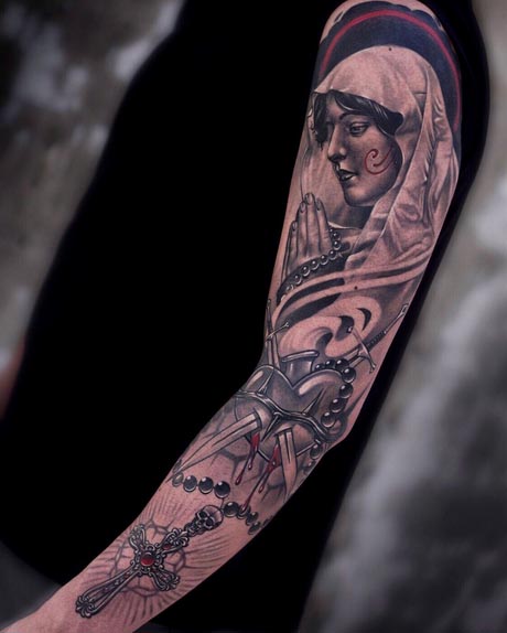 mother mary 2 swords shield cross tattoo design male full sleeve