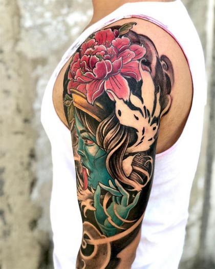 new school neo traditional kali peony flower on head crown tattoo design man half sleeve