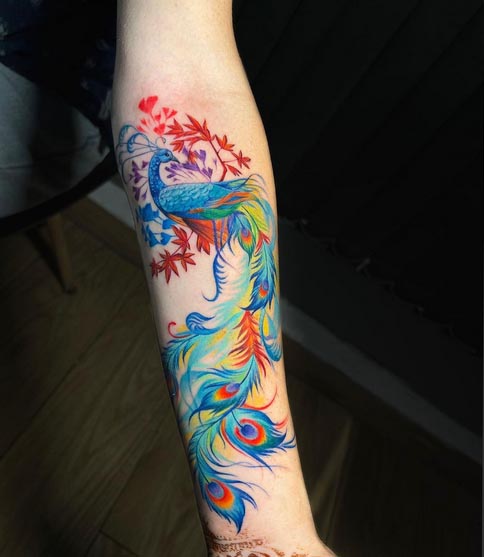 peacock unique tattoo design color woman half sleeve