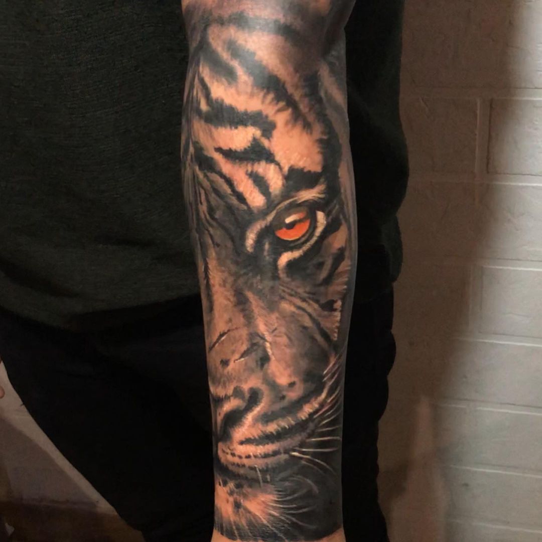 tiger with red eyes tattoo design man half arm sleeve 2