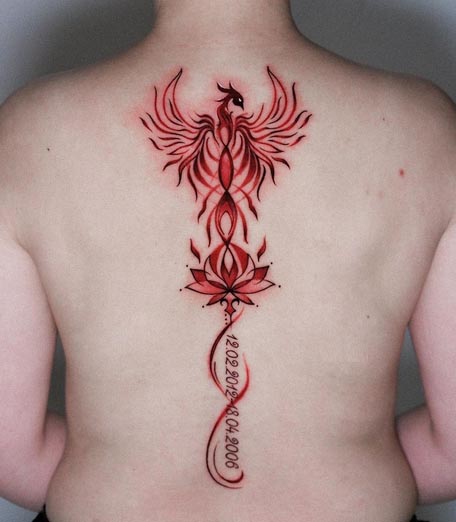 elegant phoenix lotus flower dates tattoo design red female spine