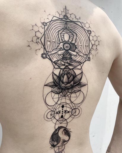 meditation post lotus yin yang geometic pattern tattoo fine line male spine