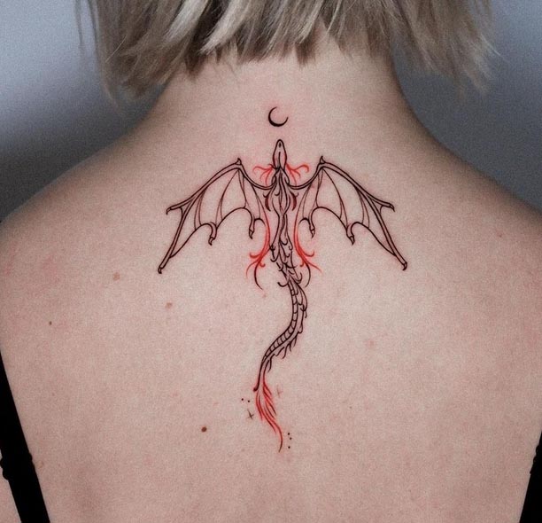 sexy small dragon crescent moon tattoo lineart black and red female spine