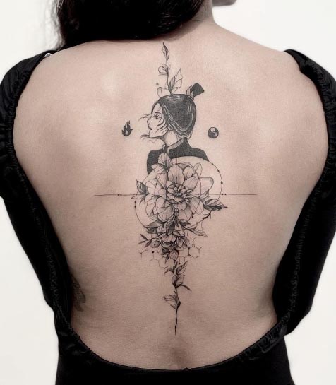 unique girl with peony flower fire yin yang tattoo geometric fineline design female spine