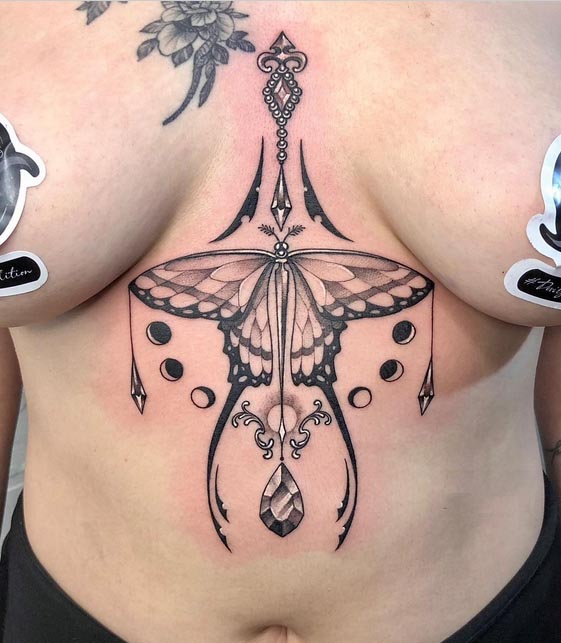 butterfly jewel ornamental tattoo design female sternum