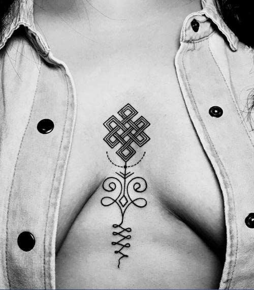 infinity knot unalome tattoo sternum female line art