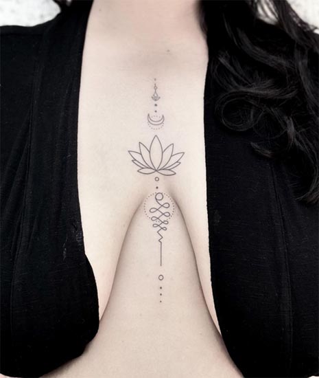 lotus unalome crescent moon tattoo design sternum fine line