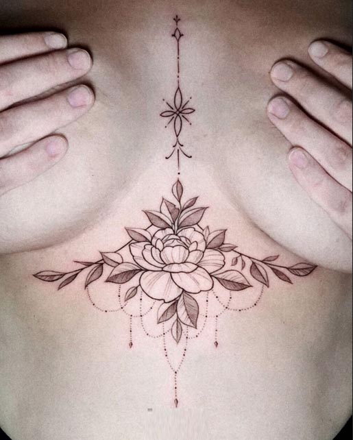 rose flower leaves jewelry ornamental tattoo design female sternum