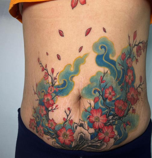 cherry blossom tibetan clouds tattoo color lady full stomach