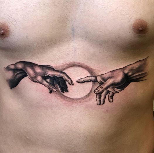 creation of adam hand tattoo idea male stomach