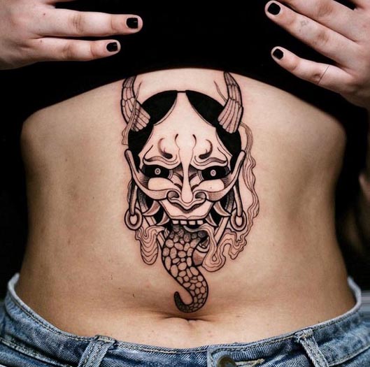 gothic hannya mask best tattoo design woman stomach