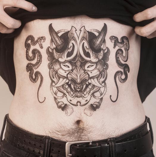 hannya mask with 2 snakes tattoo idea man upper stomach