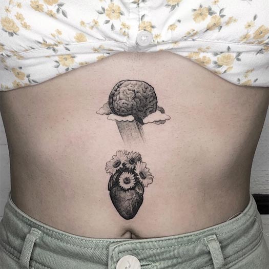 heart brain minimalist best tattoo idea female stomach