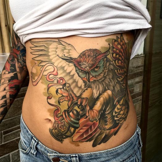 owl tattoo design color female stomach