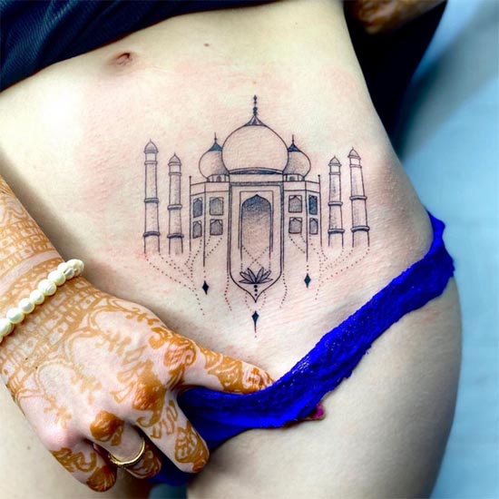 taj mahal tattoo design linework girl lower stomach