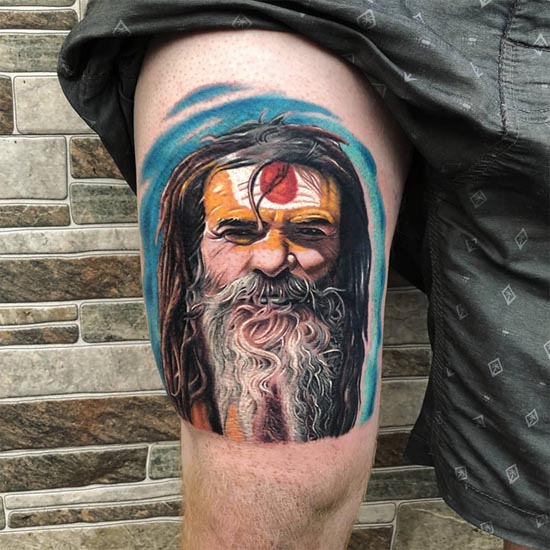 aghori sadhu baba portrait tattoo design color male thigh