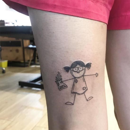 cartoon girl with chips linework tattoo design woman back thigh