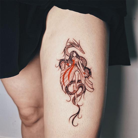 girl with dragon hot tattoo design female front thigh