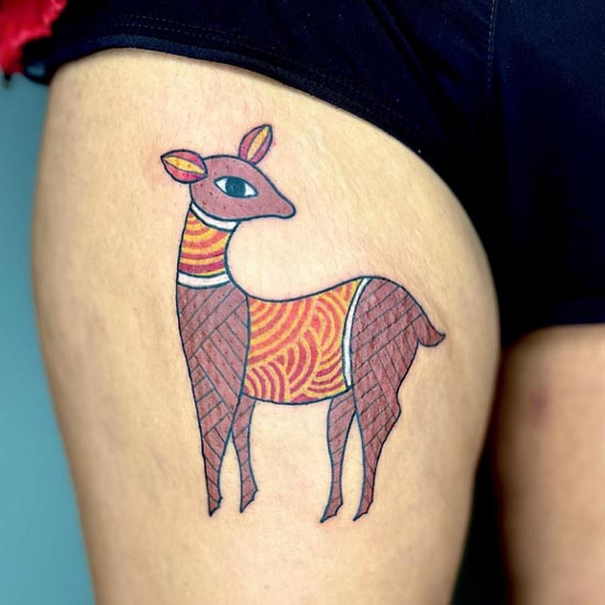 indian gond tribe traditional deer unique tattoo woman inner upper thigh