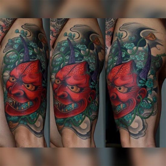 japanese hannya mask cherryblossom tattoo man full thigh