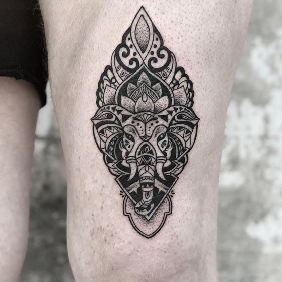 mandala elephant tattoo dotwork guy front lower thigh