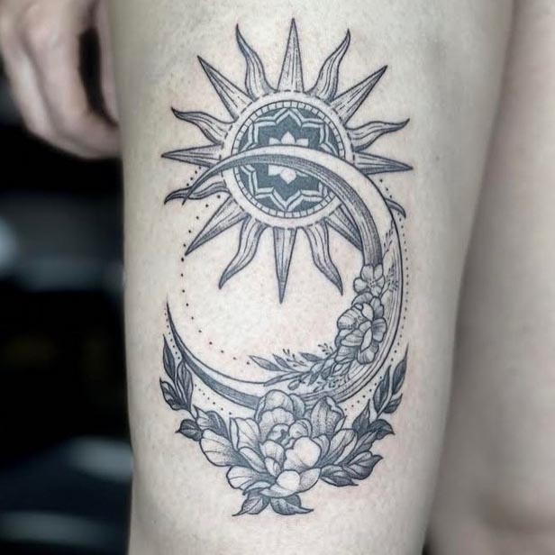 sun moon flowers tattoo design female thigh black and grey