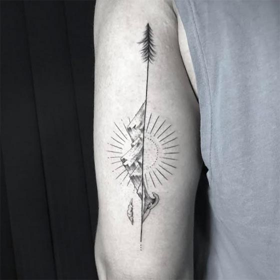 nature tattoo design fine line man vertical tricep