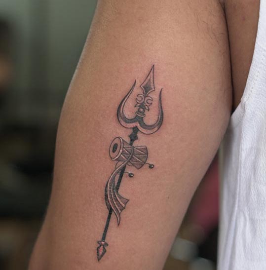 trishul damru tattoo idea male vertical tricep