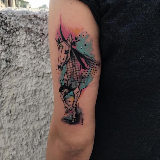 unicorn tattoo design watercolor woman tricep